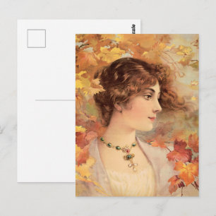 Art Nouveau Herfst Vrouw Gouden Loof Print Briefkaart