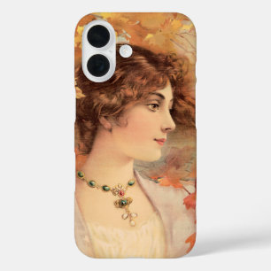 Art Nouveau Herfst Vrouw Gouden Loof Print iPhone 16 Hoesje