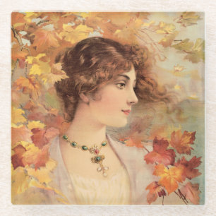 Art Nouveau Herfst Vrouw Gouden Loof Print Glazen Onderzetter