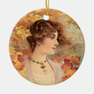 Art Nouveau Herfst Vrouw Gouden Loof Print Keramisch Ornament