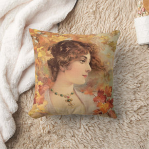 Art Nouveau Herfst Vrouw Gouden Loof Print Kussen