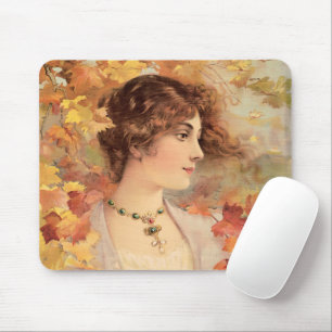 Art Nouveau Herfst Vrouw Gouden Loof Print Muismat