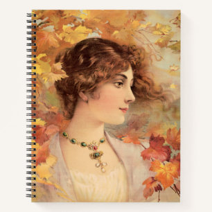 Art Nouveau Herfst Vrouw Gouden Loof Print Notitieboek