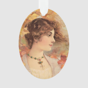 Art Nouveau Herfst Vrouw Gouden Loof Print Ornament