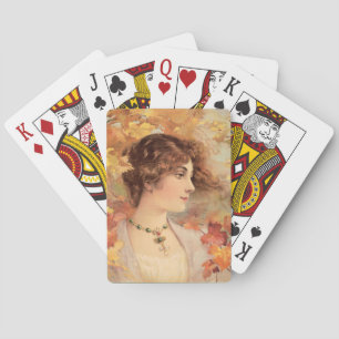 Art Nouveau Herfst Vrouw Gouden Loof Print Pokerkaarten