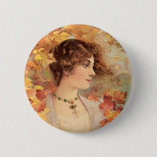 Art Nouveau Herfst Vrouw Gouden Loof Print Ronde Button 5,7 Cm