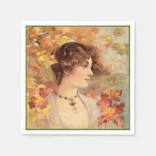 Art Nouveau Herfst Vrouw Gouden Loof Print Servet