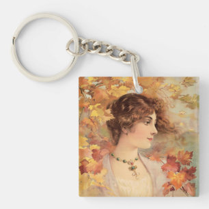 Art Nouveau Herfst Vrouw Gouden Loof Print Sleutelhanger