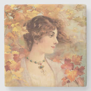 Art Nouveau Herfst Vrouw Gouden Loof Print Stenen Onderzetter
