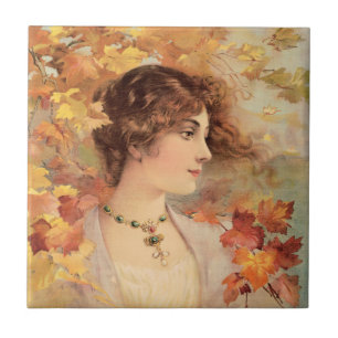 Art Nouveau Herfst Vrouw Gouden Loof Print Tegeltje