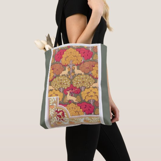 Art nouveau herfstbomen herten  sinaasappel groen tote bag (Dichtbij)