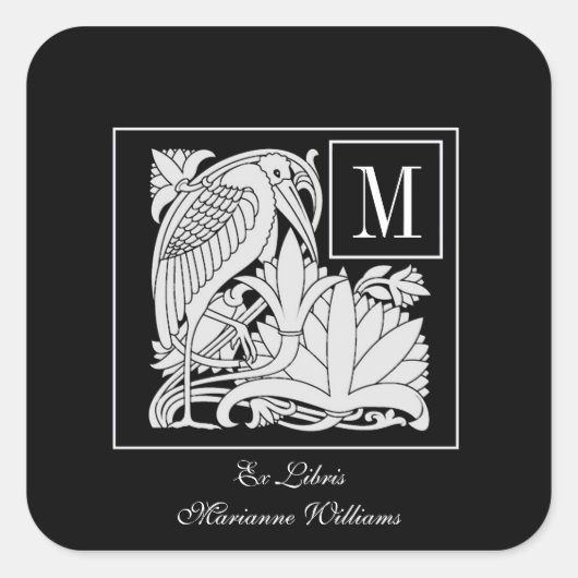 Art Nouveau Heron Monogram Boekplaat Sticker (Voorkant)