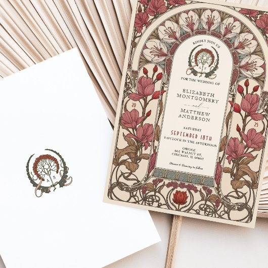 Art Nouveau Huwelijk Bourgondië en Ivoren Bloemen Kaart