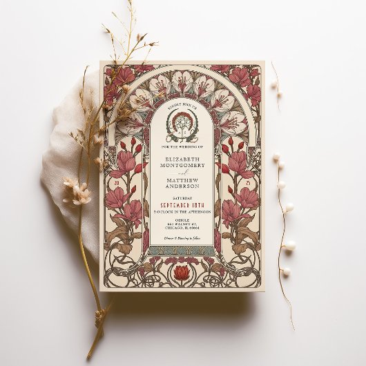 Art Nouveau Huwelijk Bourgondië en Ivoren Bloemen Kaart