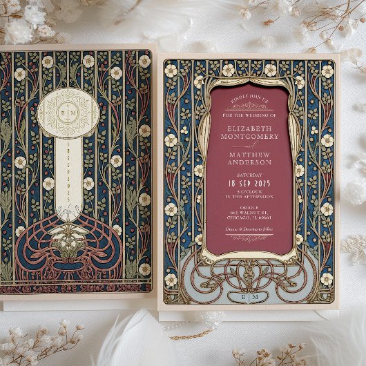 Art Nouveau Huwelijk Bourgondië & Marine Bloemen Kaart