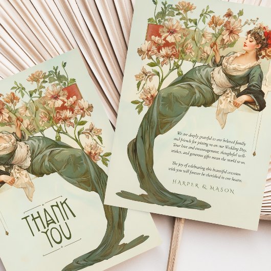 Art Nouveau Huwelijk Dank u Kaart Groene Bloemen