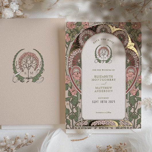 Art Nouveau Huwelijk Gouden Accenten Save The Date Folie Uitnodiging