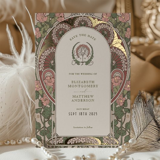 Art Nouveau Huwelijk Gouden Accenten Save The Date Folie Uitnodiging