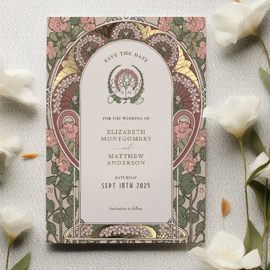 Art Nouveau Huwelijk Gouden Accenten Save The Date Folie Uitnodiging