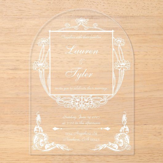 Art Nouveau Huwelijksuitnodiging op Clear Acrylic Acryl Uitnodigingen (Voorkant)
