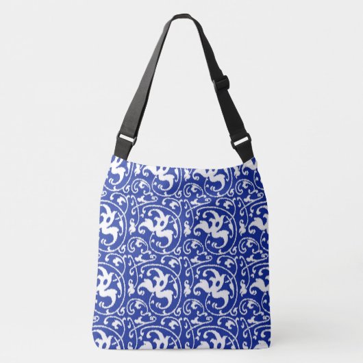 Art Nouveau Ikat - Cobalt Blue en White Crossbody Tas (Voorkant)