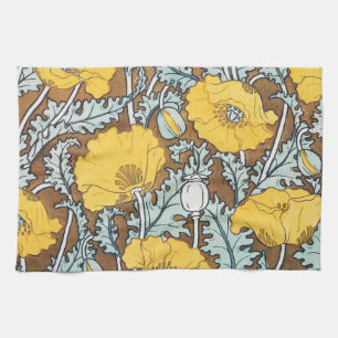 Art Nouveau-illustratie van gele papaverbloem Theedoek