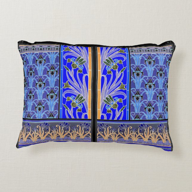 Art nouveau iris bloem elegant  blauw zwart accent kussen (Achterkant)