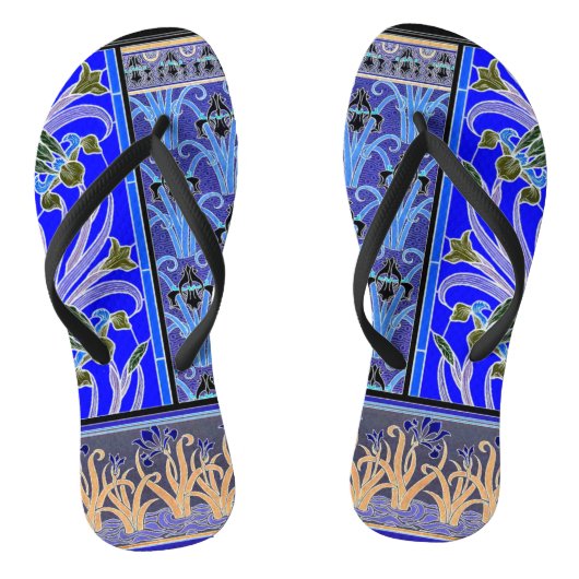 Art nouveau iris bloem elegant blauw zwart verneui teenslippers (Voetbed)