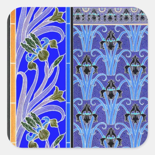 Art nouveau iris bloemenelegante kunst textiel ver vierkante sticker (Voorkant)