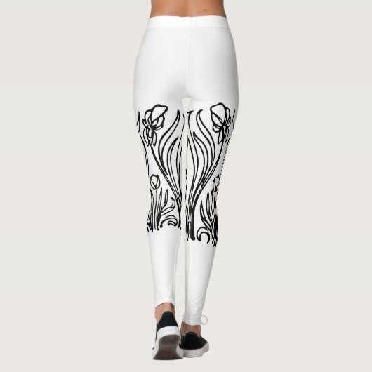 Art nouveau iris bloemenzwart en wit leggings (Achterkant)