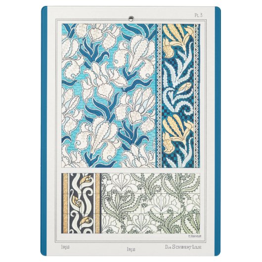 Art nouveau iris lelie bloementextiel art blauw klembord (Achterkant)
