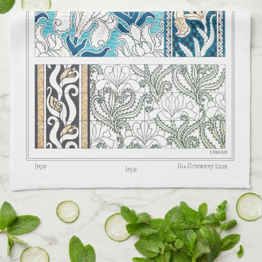 Art nouveau iris lelie bloementextiel art blauw theedoek (Gevouwen)