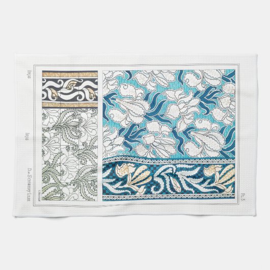 Art nouveau iris lelie bloementextiel art blauw theedoek (Horizontaal)