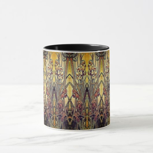 Art nouveau iris patroon gouden bruine rode elegan mok (Midden)