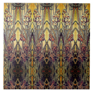 Art nouveau iris patroon gouden bruine rode elegan tegeltje