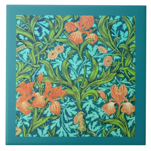Art Nouveau Irises, Oranje en Turquoise Tegeltje (Voorkant)