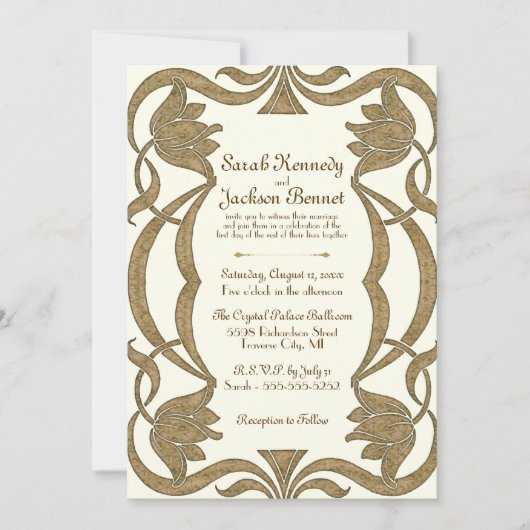  Art Nouveau Ivoor en Goud Elegante Huwelijk Kaart (Voorkant)