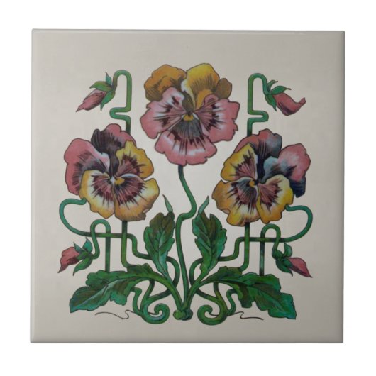 Art Nouveau Jugendstil Pink Pansies Repro Antiek Tegeltje (Voorkant)