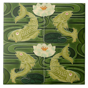 Art Nouveau Jugendstil Vijver Vissen Groen Tegeltje