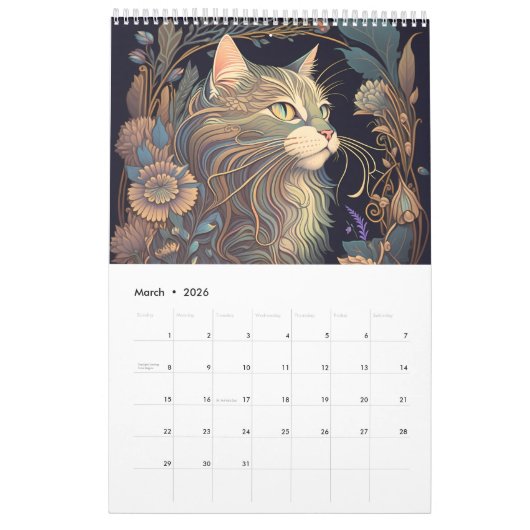art nouveau katten i kalender (Mar 2026)