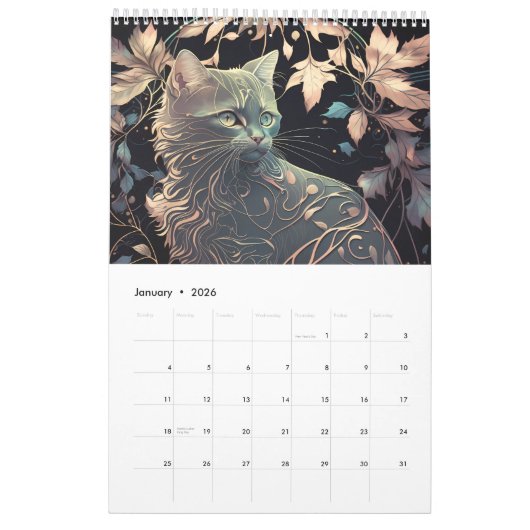 art nouveau katten i kalender (Jan 2026)