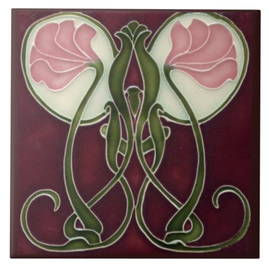Art Nouveau Keepomwille Tegel - Roze bloemhoofden Tegeltje (Voorkant)