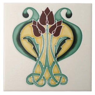 Art Nouveau keramiektegel - Diepe Paarse Tulpen Tegeltje