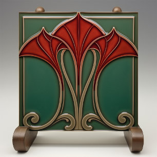 Art Nouveau keramische tegel in karmozijnrood Tegeltje