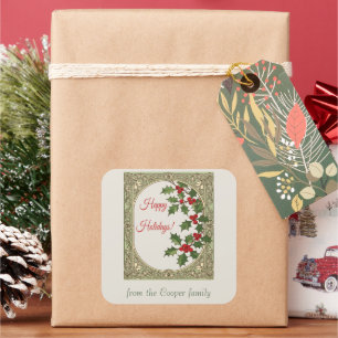 Art-nouveau kerstgroet met hulstbessen vierkante sticker