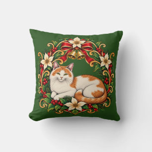 Art Nouveau Kerstkat met Hulstkrans Kussen