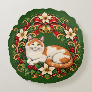 Art Nouveau Kerstkat met Hulstkrans Rond Kussen