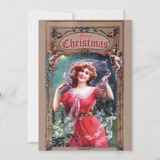 Art Nouveau Kerstmeisje met Holly & Mistletoe Feestdagenkaart (Voorkant)