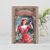 Art Nouveau Kerstmeisje met Holly & Mistletoe Feestdagenkaart (Staand voorkant)