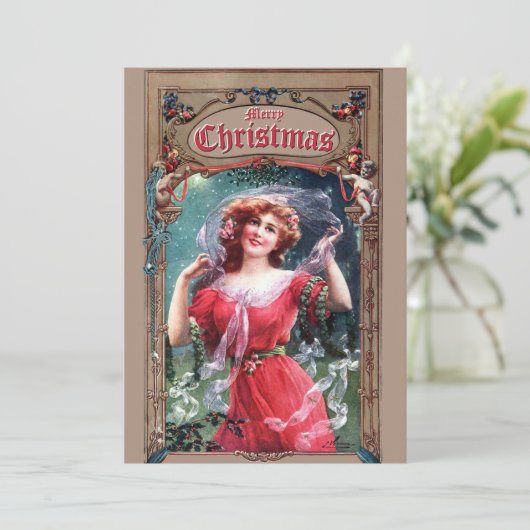 Art Nouveau Kerstmeisje met Holly & Mistletoe Feestdagenkaart (Staand voorkant)